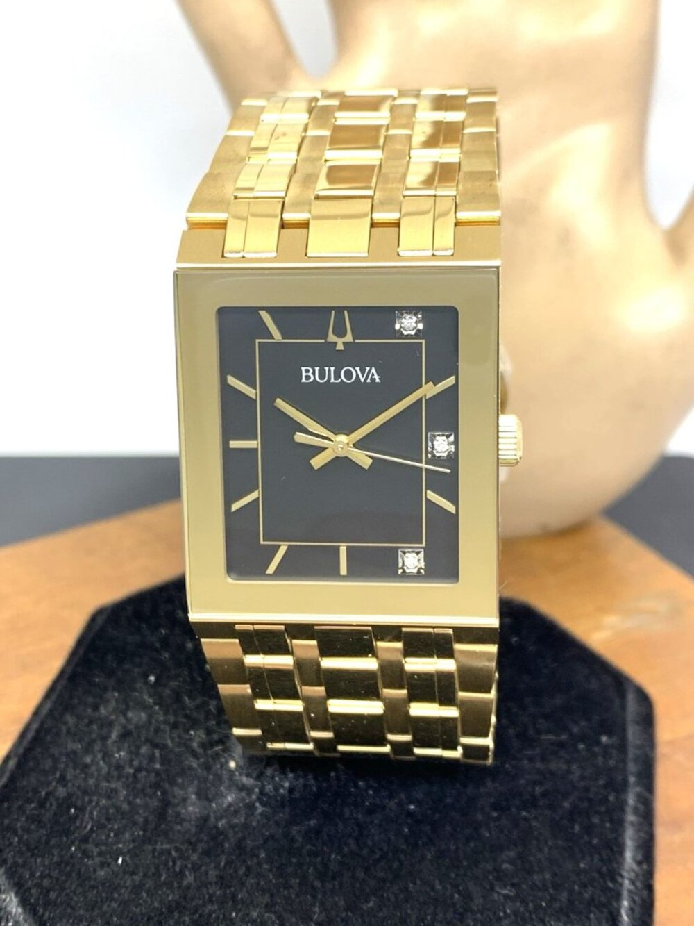 Bulova Men's Watch 97D132 Quadra Quartz Diamond Black Dial Gold Stainless Steel
